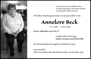 Traueranzeige von Annelore Beck von vrm-trauer