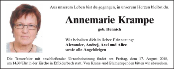 Traueranzeige von Annemarie Krampe von  Kreisanzeiger