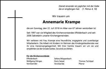 Traueranzeige von Annemarie Krampe von  Kreisanzeiger