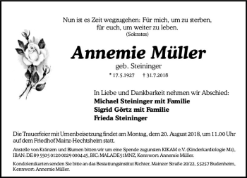 Traueranzeige von Annemie Müller von vrm-trauer