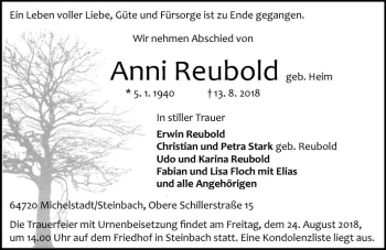 Traueranzeige von Anni Reubold von vrm-trauer