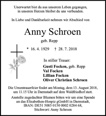 Traueranzeige von Anny Schroen von vrm-trauer