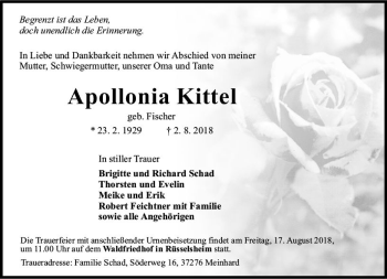 Traueranzeige von Apollonia Kittel von vrm-trauer