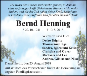 Traueranzeige von Bernd Henning von  Kreisanzeiger