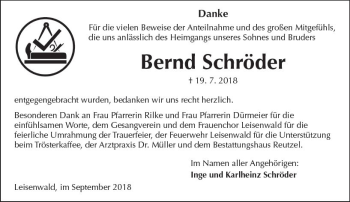 Traueranzeige von Bernd Schröder von  Kreisanzeiger