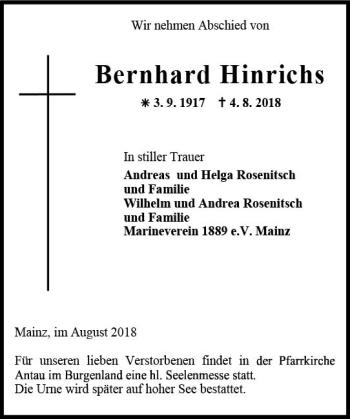Traueranzeige von Bernhard Hinrichs von vrm-trauer