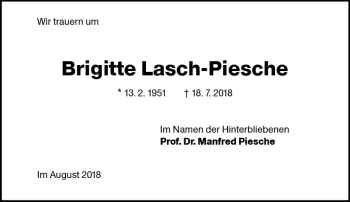 Traueranzeige von Brigitte Lasch-Piesche von vrm-trauer