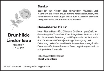Traueranzeige von Brunhilde Lindenlaub von vrm-trauer