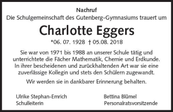 Traueranzeige von Charlotte Eggers von vrm-trauer