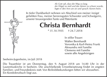 Traueranzeige von Christa Bernhardt von vrm-trauer