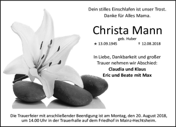 Traueranzeige von Christa Mann von vrm-trauer