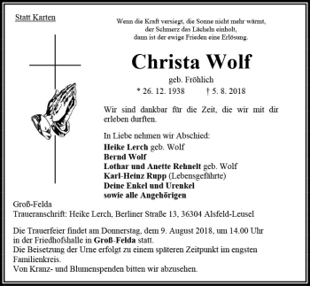 Traueranzeige von Christa Wolf von VRM Trauer