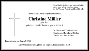 Traueranzeige von Christine Müller von  Gießener Anzeiger