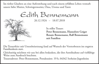 Traueranzeige von Edith Bennemann von vrm-trauer
