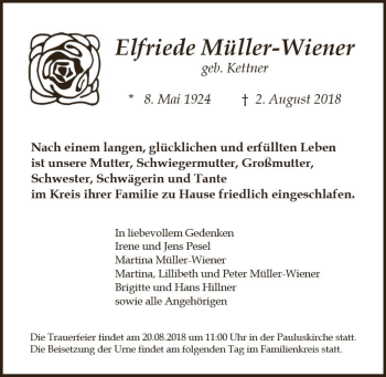 Traueranzeige von Elfriede Müller-Wiener von vrm-trauer