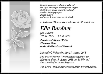Traueranzeige von Ella Bördner von  Usinger Anzeiger