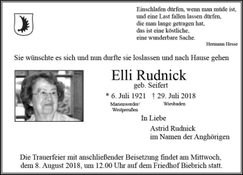 Traueranzeige von Elli Rudnick von vrm-trauer
