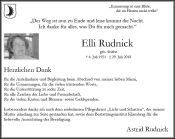 Traueranzeige von Elli Rudnick von vrm-trauer