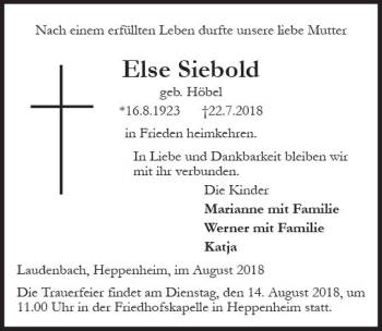 Traueranzeige von Else Siebold von vrm-trauer