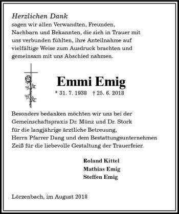 Traueranzeige von Emmi Emig von vrm-trauer