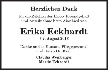Traueranzeige von Erika Eckhardt von  Kreisanzeiger