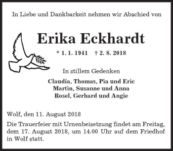 Traueranzeige von Erika Eckhardt von  Kreisanzeiger