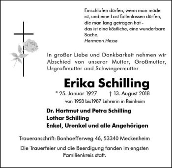 Traueranzeige von Erika Schilling von vrm-trauer
