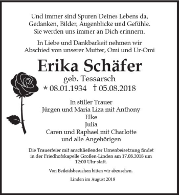Traueranzeige von Erika Schäfer von  Gießener Anzeiger