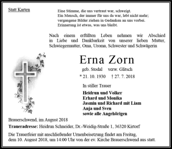 Traueranzeige von Erna Zorn von VRM Trauer