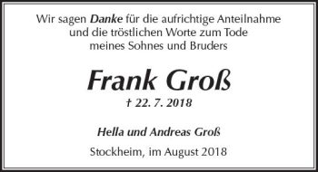 Traueranzeige von Frank Groß von  Kreisanzeiger