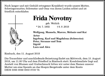 Traueranzeige von Frida Novotny von vrm-trauer