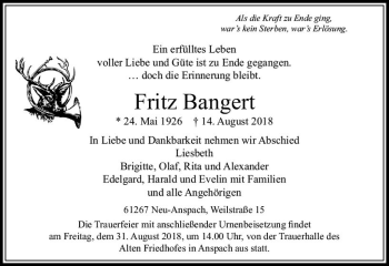Traueranzeige von Fritz Bangert von  Usinger Anzeiger Traueranzeige von Fritz Bangert von  Usinger Anzeiger