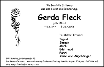 Traueranzeige von Gerda Fleck von vrm-trauer