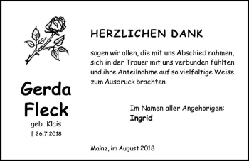 Traueranzeige von Gerda Fleck von vrm-trauer