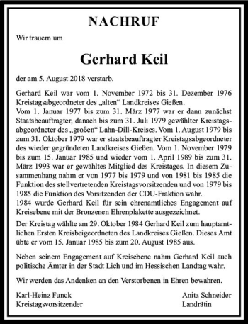 Traueranzeige von Gerhard Keil von  Gießener Anzeiger