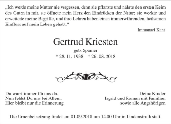 Traueranzeige von Gertrud Kriesten von  Gießener Anzeiger