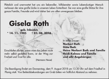 Traueranzeige von Gisela Roth von vrm-trauer