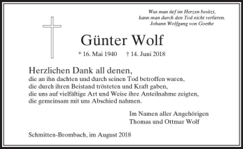Traueranzeige von Günter Wolf von  Usinger Anzeiger