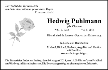 Traueranzeige von Hedwig Puhlmann von vrm-trauer