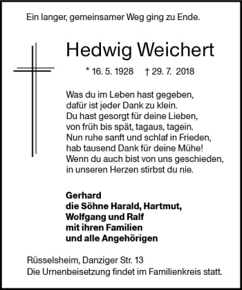 Traueranzeige von Hedwig Weichert von vrm-trauer