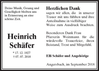 Traueranzeige von Heinrich Schäfer von VRM Trauer