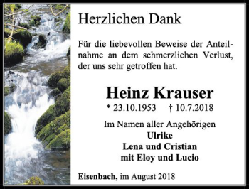 Traueranzeige von Heinz Krauser von  Camberger Anzeiger