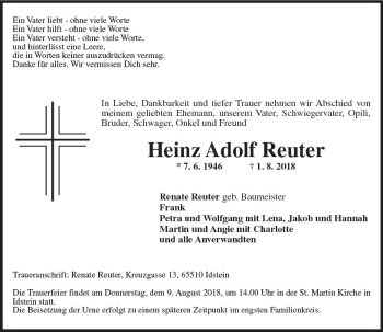Traueranzeige von Heinz Adolf Reuter von vrm-trauer