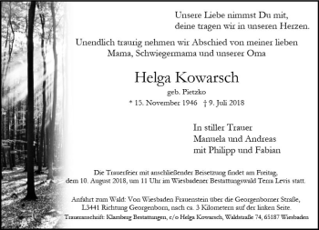 Traueranzeige von Helga Kowarsch von vrm-trauer