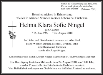 Traueranzeige von Helma Klara Sofie Ningel von  Usinger Anzeiger