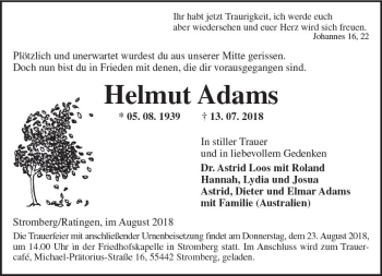 Traueranzeige von Helmut Adams von vrm-trauer