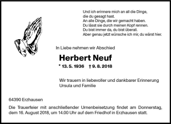 Traueranzeige von Herbert Neuf von vrm-trauer
