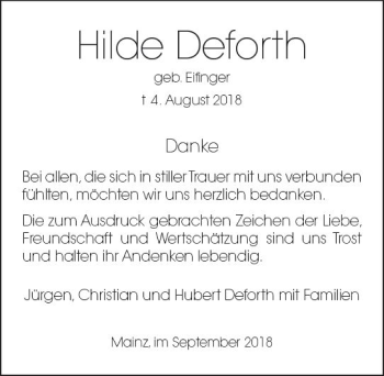 Traueranzeige von Hilde Deforth von vrm-trauer