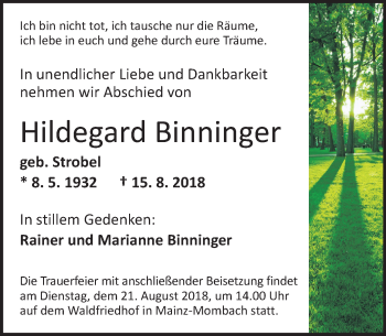 Traueranzeige von Hildegard Binninger von vrm-trauer