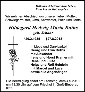 Traueranzeige von Hildegard Hedwig Maria Ruths von vrm-trauer